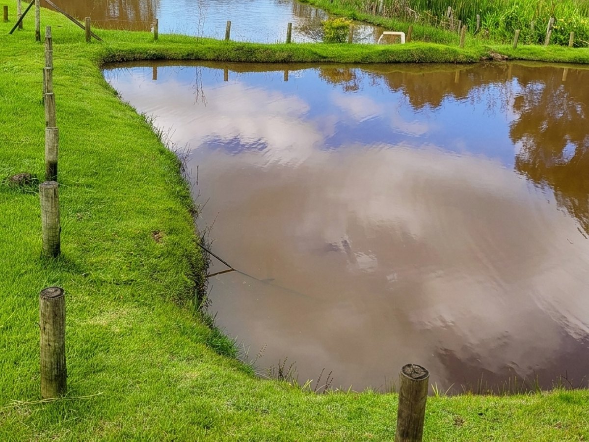 Lago com gramado e a serra ao fundo